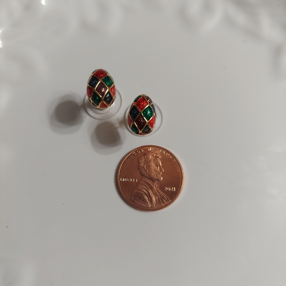 Joan River's Gold Tone/Enamel Faberge Egg Stud Earrings in Jewel Tone Colors